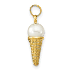 14K Satin Polished 3D  White Bead Ice Cream Cone Pendant
