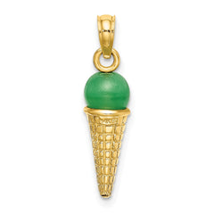 14K Satin Polished 3D  Green Bead Ice Cream Cone Pendant