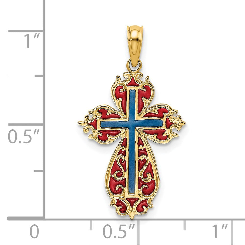 14K w/ Blue and Red Enameled Cross Charm