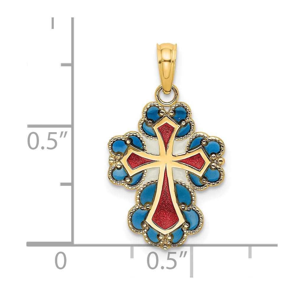 14K Blue, White and Red Enameled w/ Lace Trim Cross Charm