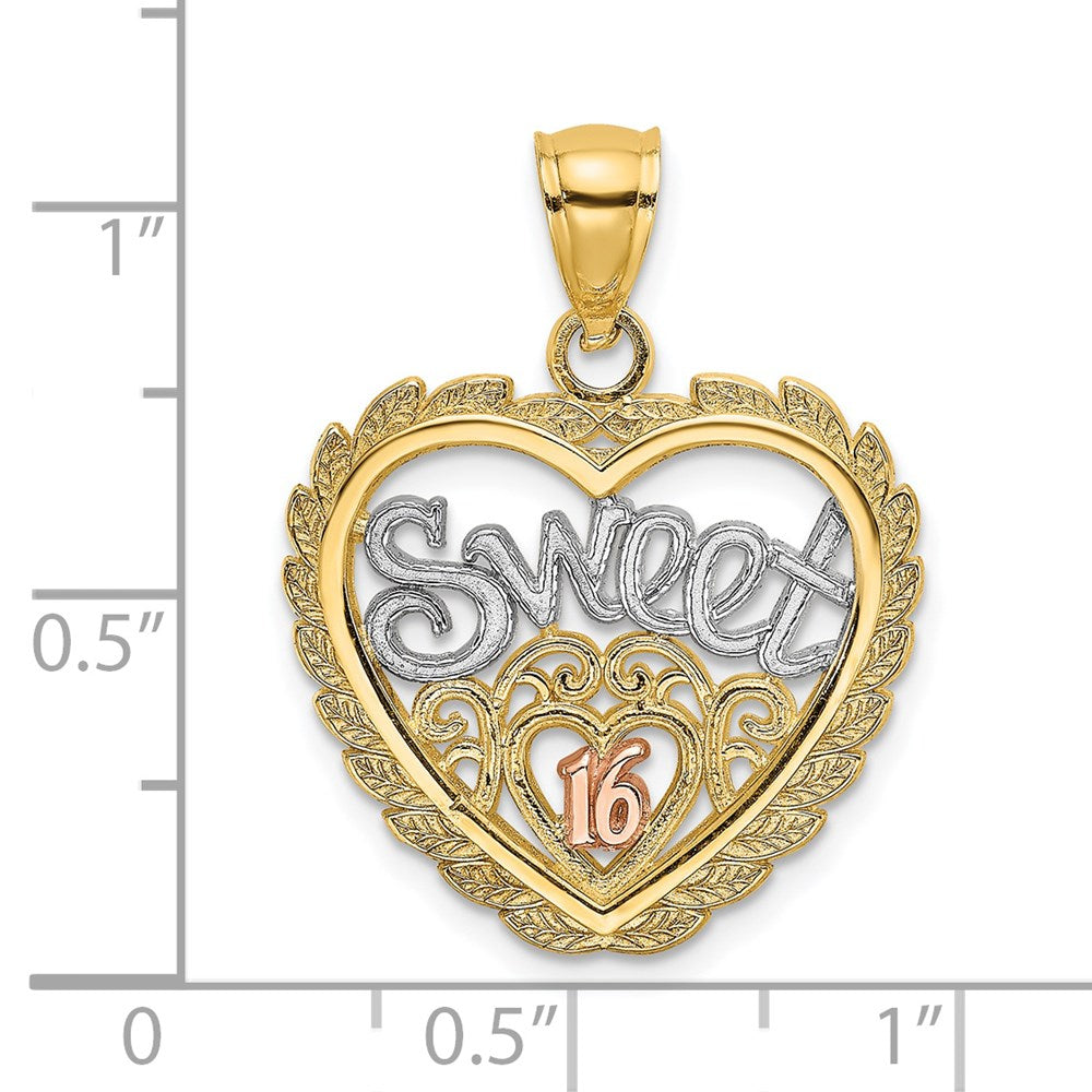 14k Two-tone White Rhodium SWEET 16 In Heart Charm