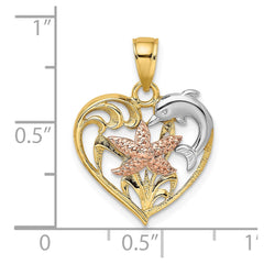 14K Two-tone w/White Rhodium Dolphin and Starfish In Heart Charm