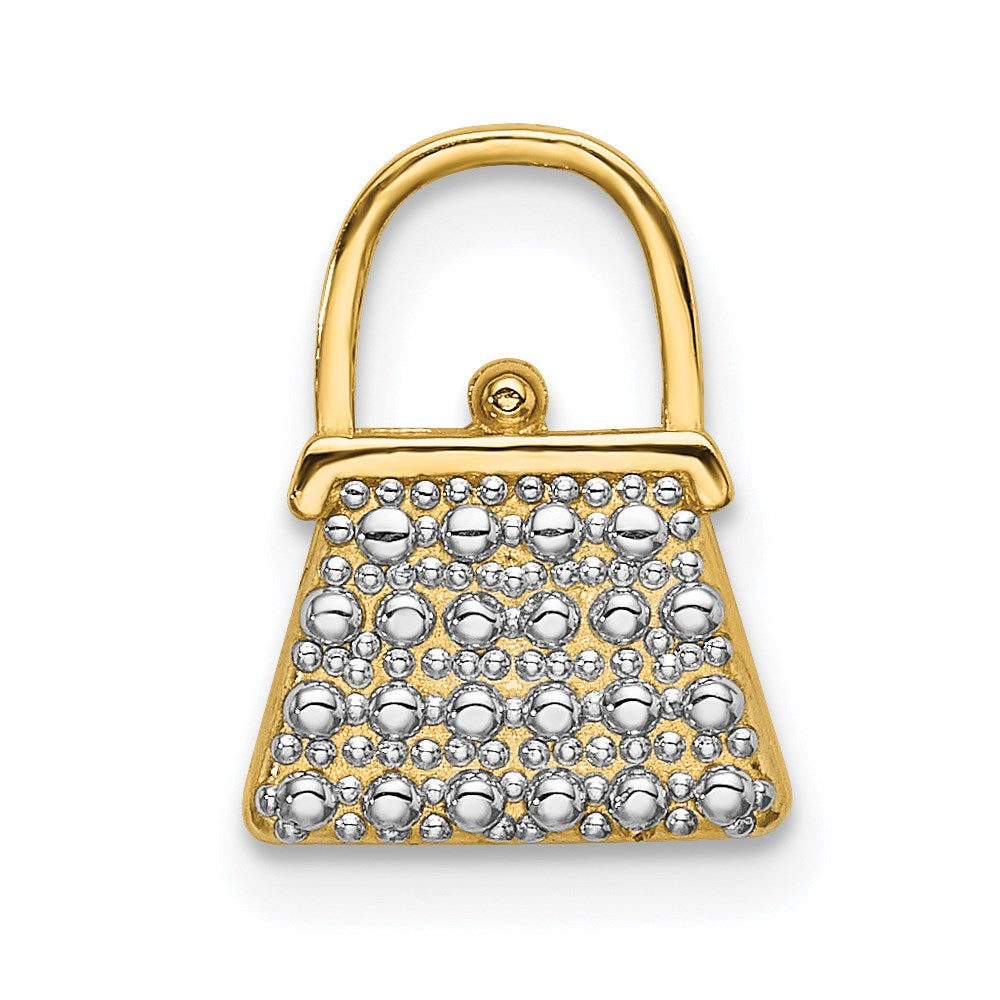 14K W/ Rhodium Textured and Polished Purse Charm