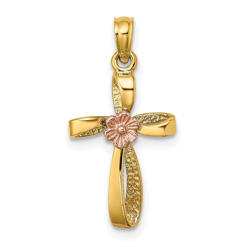 14k Two-Tone Twisted Cross w/ Heart Charm - 2