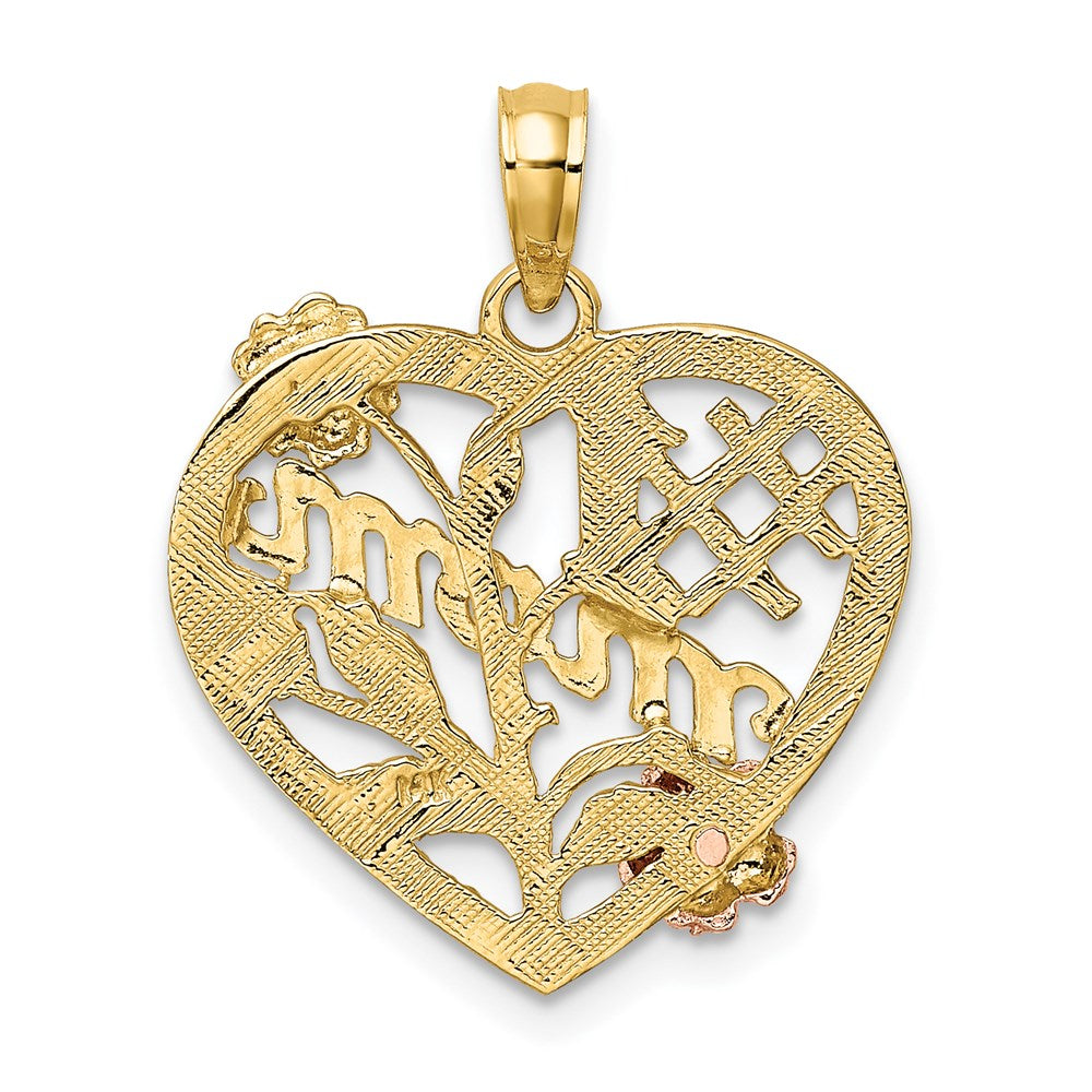 14k Two-tone w/White Rhodium #1 MOM Heart w/Flower Charm