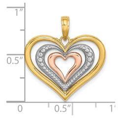 14k Two-tone White Rhodium Textured and Polished Triple Hearts Charm