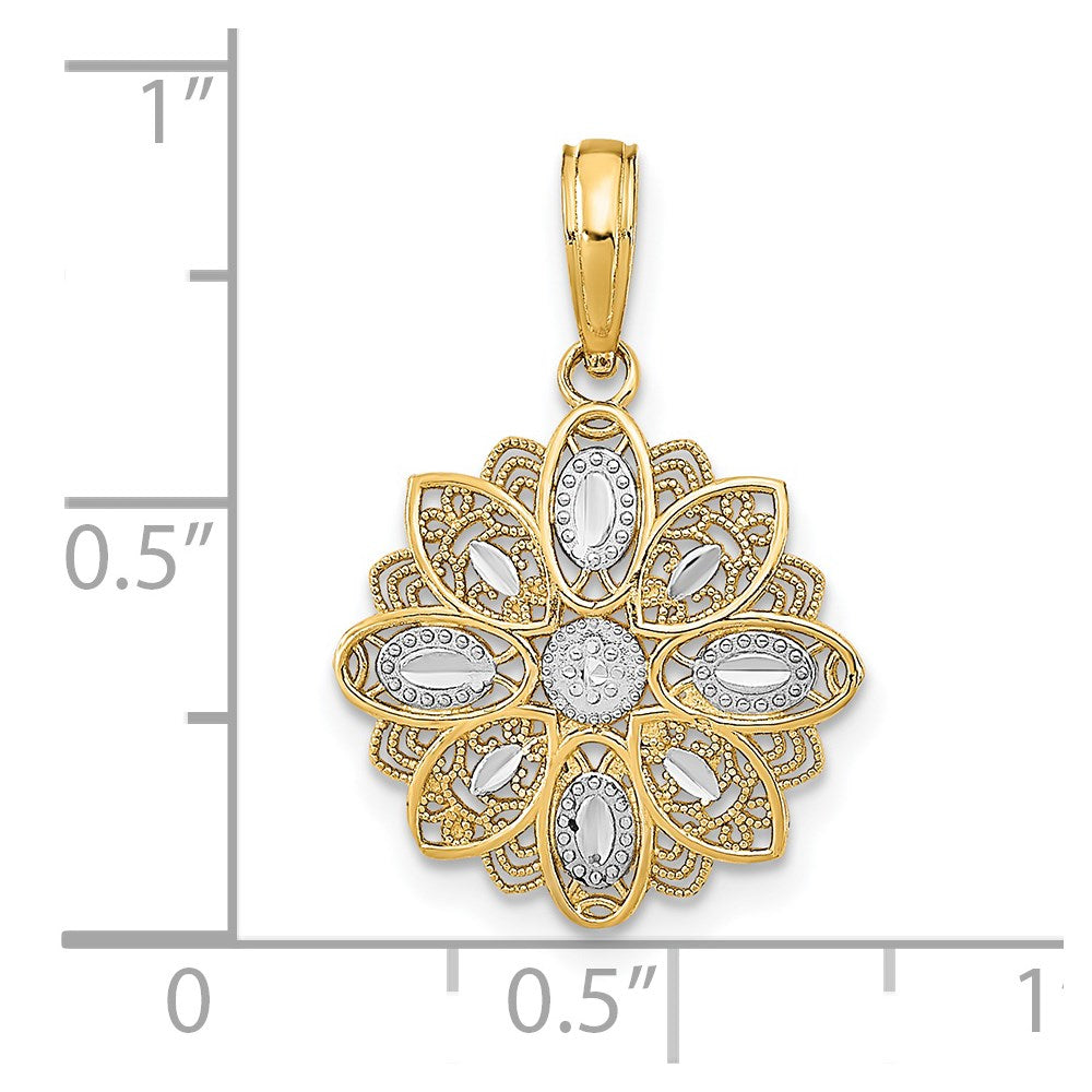 14K w/Rhodium and D/C  Filigree Flower Charm