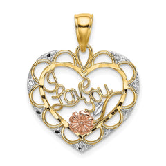 14k Two-one w/White Rhodium I LOVE YOU Heart w/ Flower Charm