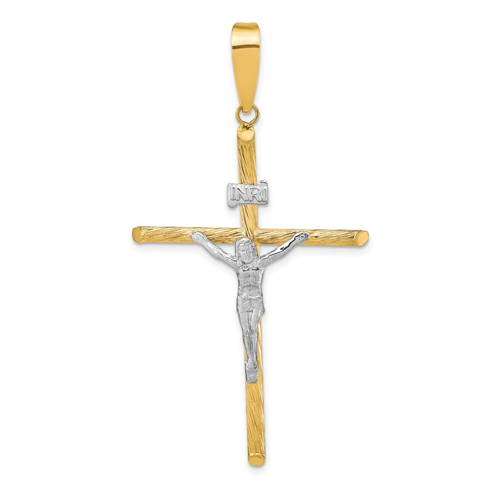 14K w/White Rhod Polished & Textured INRI Crucifix Cross Pendant - 3