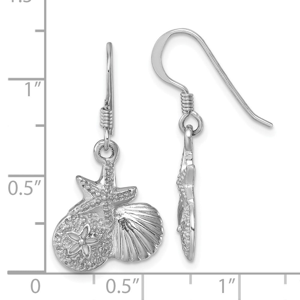 Sterling Silver Rhodium-plated Polished Starfish, Sand Dollar & Shell Dangle Earring