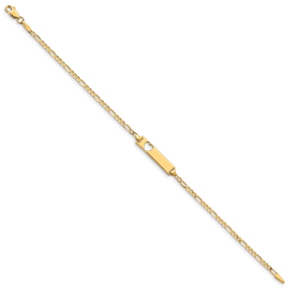 14k Polished Solid Chain/Solid Plate Figaro Link Cut-out Heart 20x5mm Plate 7 inch ID Bracelet - 2