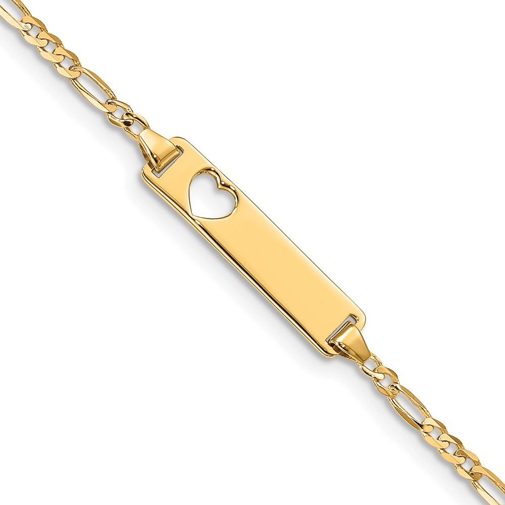 14k Polished Solid Chain/Solid Plate Figaro Link Cut-out Heart 20x5mm Plate 7 inch ID Bracelet - 2