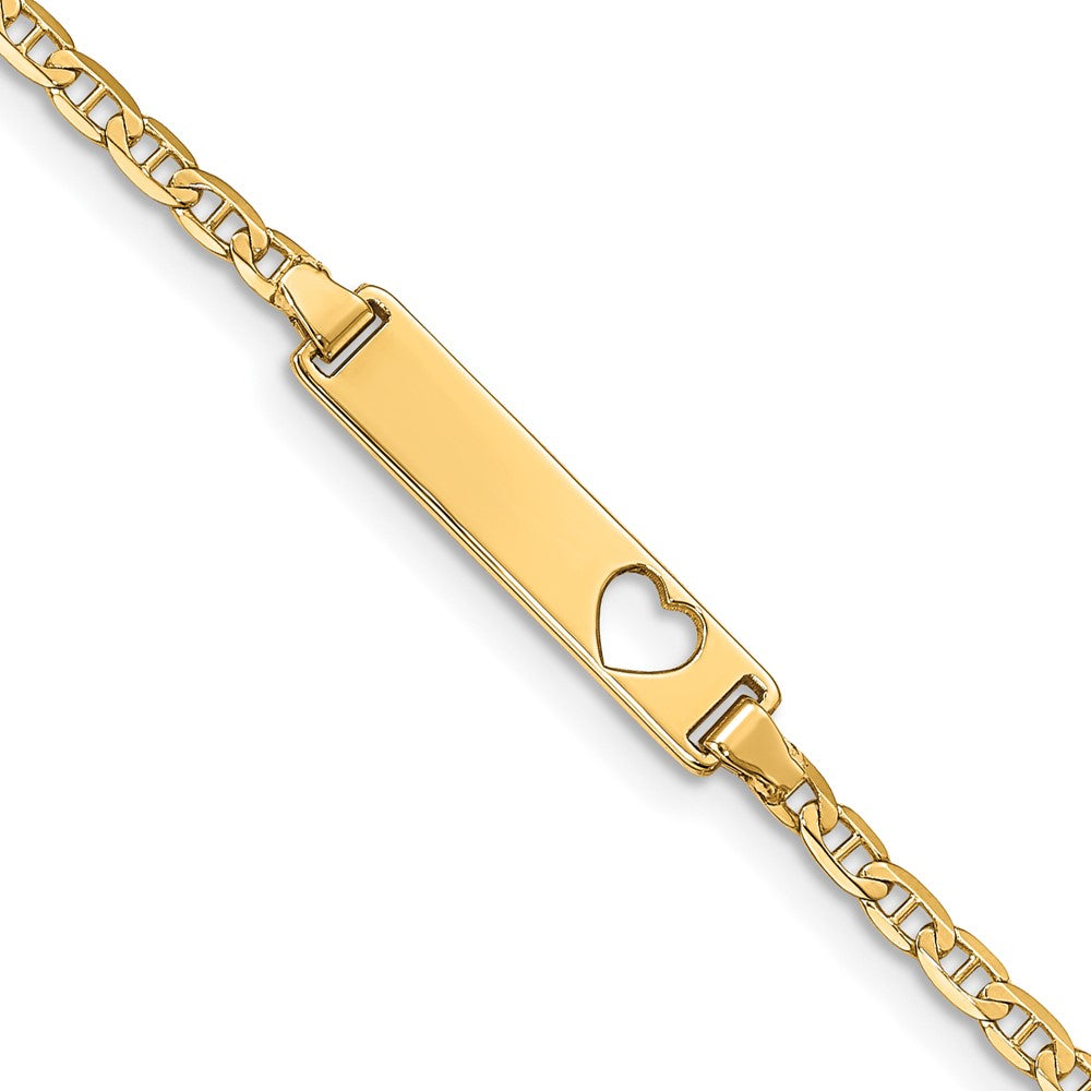 14k Polished Solid Chain/Solid Plate Anchor Link Cut-out Heart 21x5mm Plate 8 inch ID Bracelet