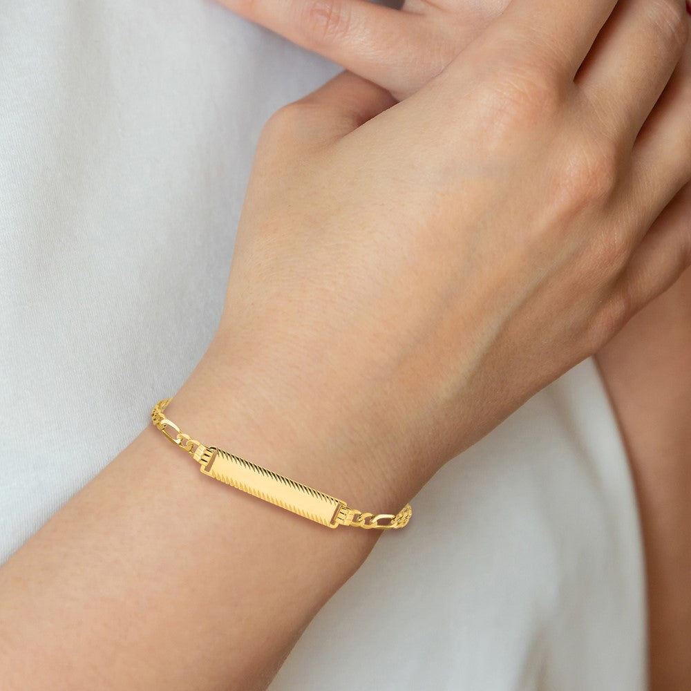 14k Polished Solid Chain/Solid Plate Flat Figaro Link Diamond-cut 29x6.5mm Plate 7 inch ID Bracelet