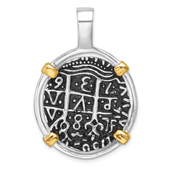 Sterling Silver Rhodium-plated Antiqued Gold-tone Ship Coin Pendant