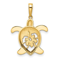 14k and White Rhodium Diamond-cut Floral Turtle Pendant