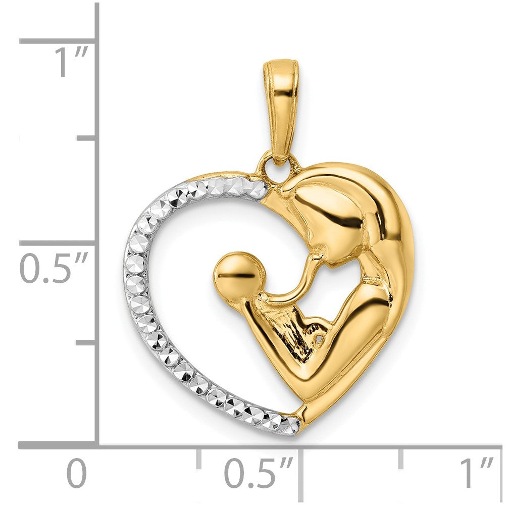 14k and White Rhodium Diamond-cut Mother and Baby Heart Pendant