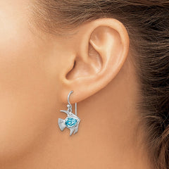 Sterling Silver Rhodium-plated Polished Blue Crystal Angel Fish Dangle Earr