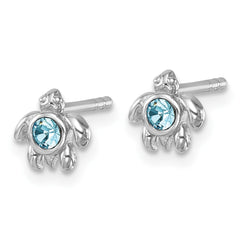 Sterling Silver Rhodium-Plated Polished Blue Crystal Inlay Tiny Turtle Post Earrings
