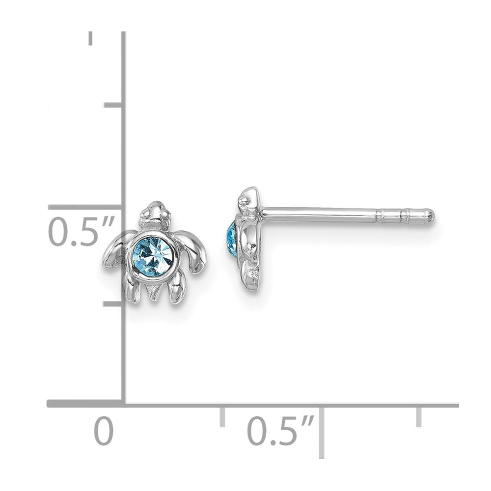 Sterling Silver Rhodium-Plated Polished Blue Crystal Inlay Tiny Turtle Post Earrings