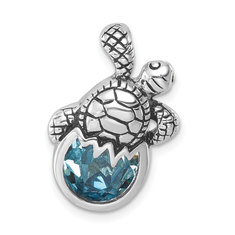 Sterling Silver Rhodium-Plated Antiqued Crystal Hatching Turtle Pendant - 2