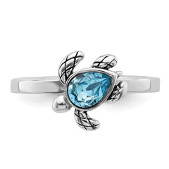 Sterling Silver Rhodium-plated Antiqued Adjustable Turtle Crystal Inlay Ring - 2