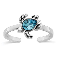 Sterling Silver Rhodium-plated Antiqued Adjustable Turtle Crystal Inlay Ring - 2