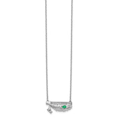 14k White Gold Diamond Bar w/Emerald Feather 18 inch Necklace