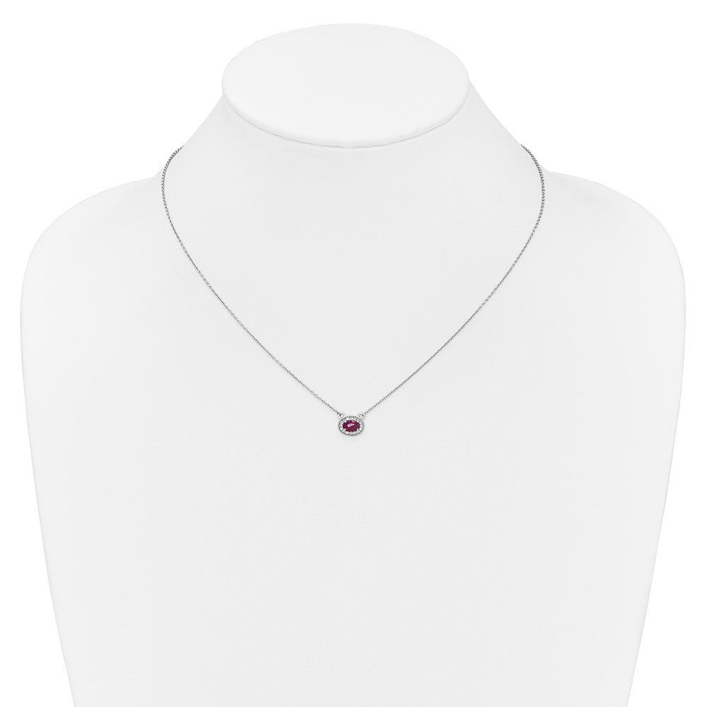 14k White Gold Diamond and 6x4mm Oval Ruby Halo East-West 18 inch Necklace