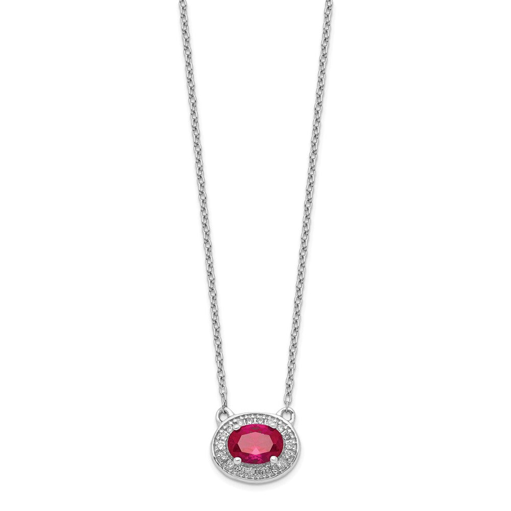 14k White Gold Diamond and 7x5mm Oval Ruby Halo East-West 18 inch Necklace