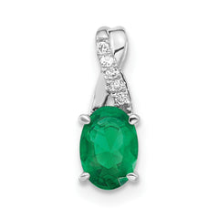 14K White Gold Oval Created Emerald and Diamond Pendant