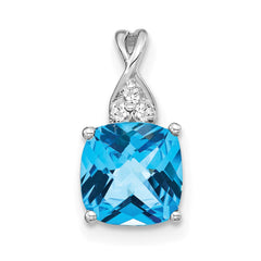 14K White Gold Checkerboard Blue Topaz and Diamond Pendant