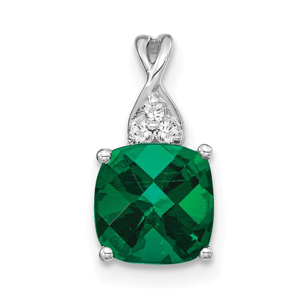 14K White Gold Checkerboard Created Emerald and Diamond Pendant