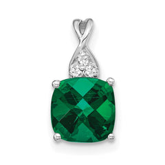 14K White Gold Checkerboard Created Emerald and Diamond Pendant