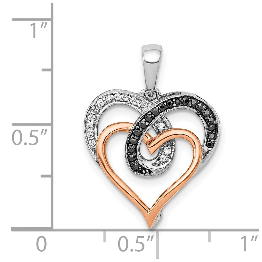 14k White and Rose Gold White and Black Diamond Hearts Pendant