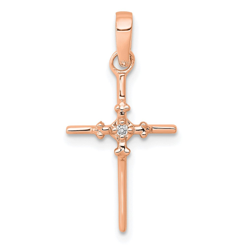 14k Rose .01ct. Diamond Polished Budded Cross Pendant