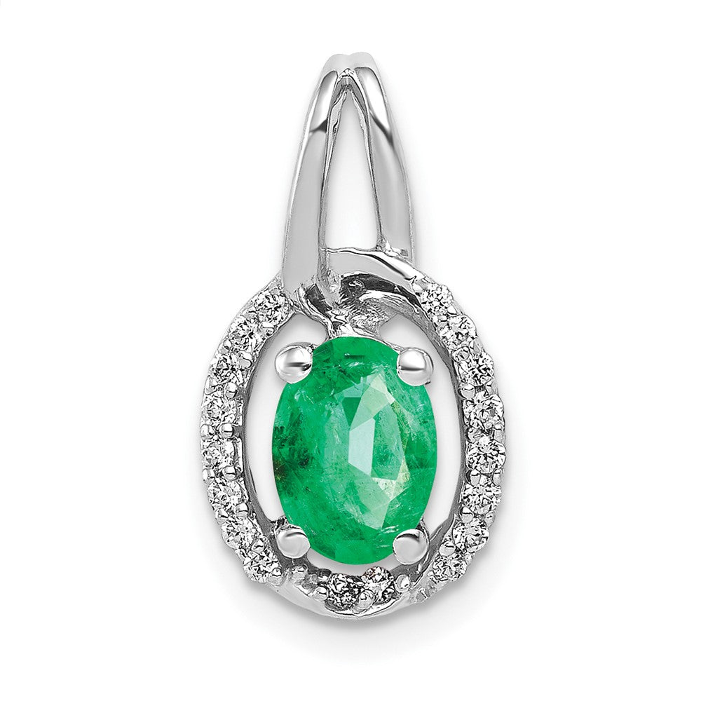 14k White Gold Diamond and Oval Emerald Halo Pendant - 2