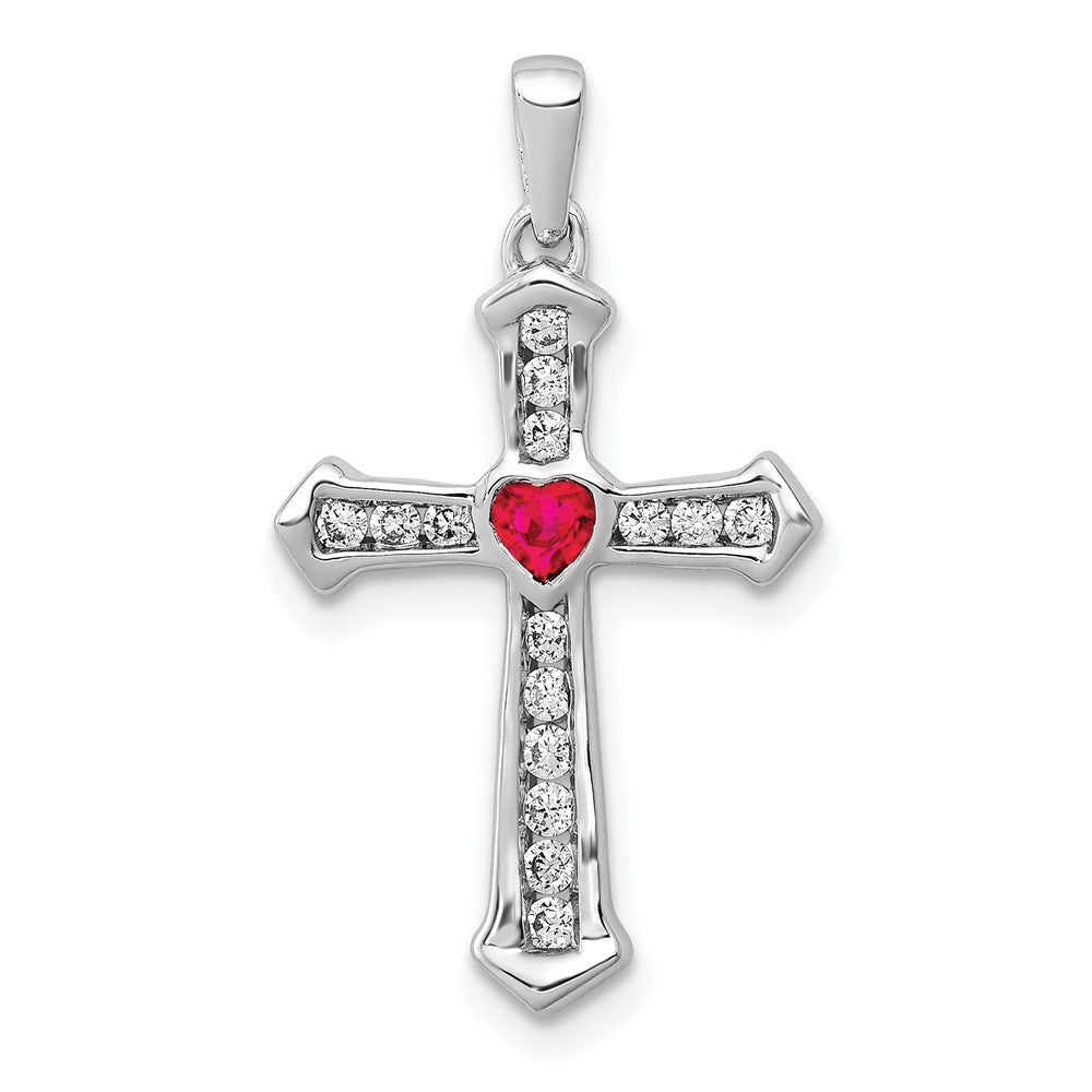 14k White Gold Ruby and Diamond Heart Cross Pendant