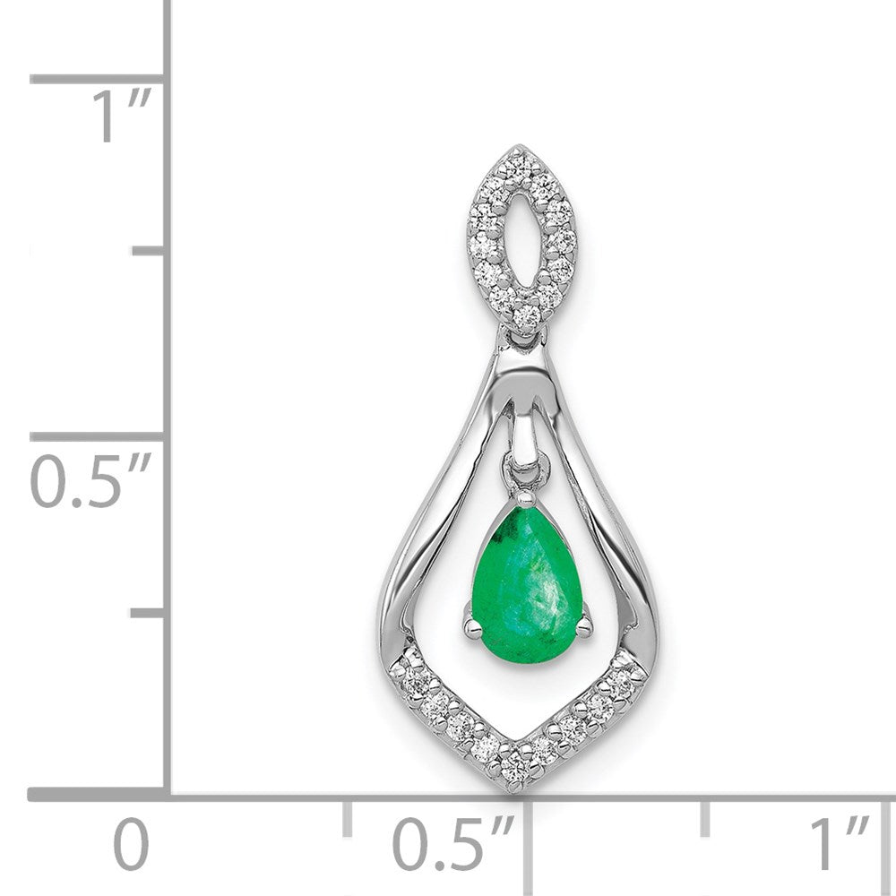 14k White Gold Diamond and Pear Emerald Teardrop Dangle Pendant