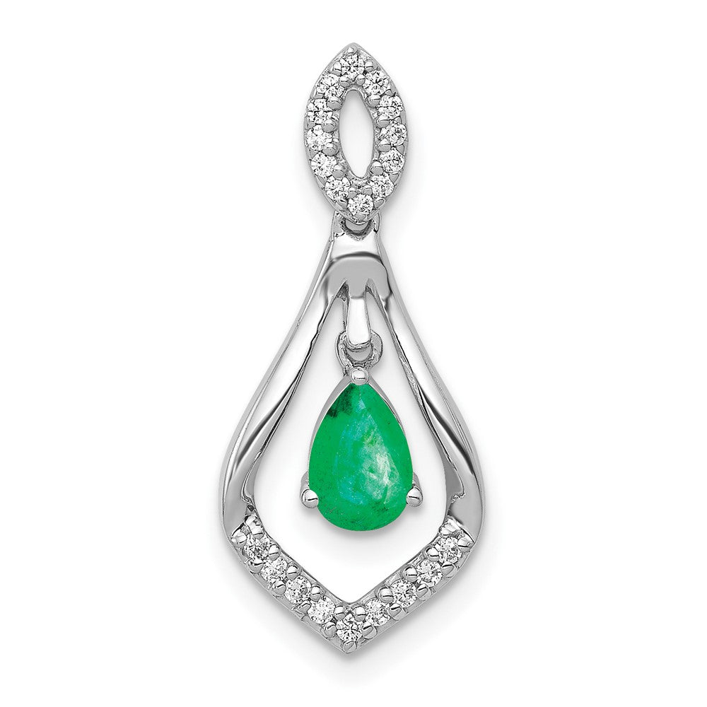 14k White Gold Diamond and Pear Emerald Teardrop Dangle Pendant
