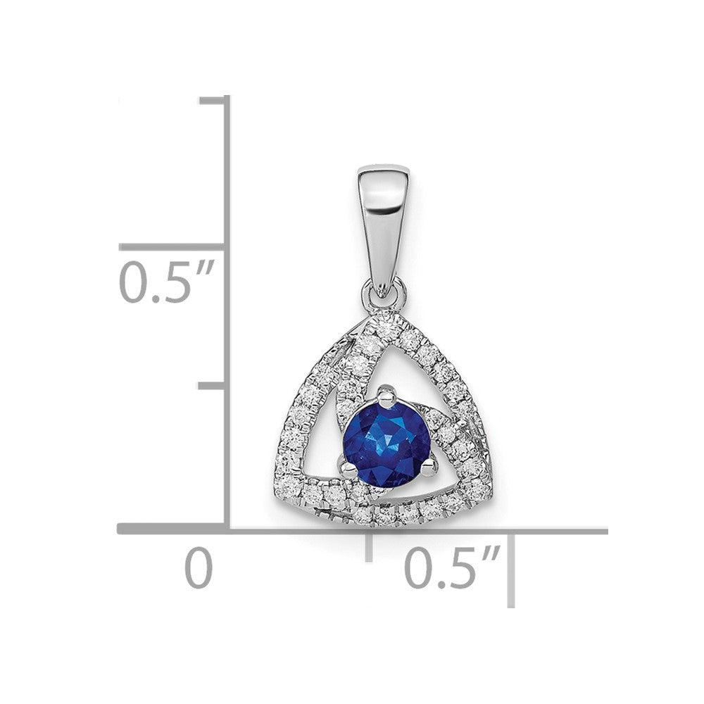 14k White Gold Diamond and Round Blue Sapphire Triangle Pendant