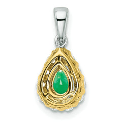 14k Two-tone Pear Emerald and Diamond Halo Pendant