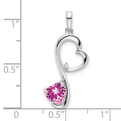 14k White Gold Created Pink Sapphire and Diamond Heart Pendant - 2