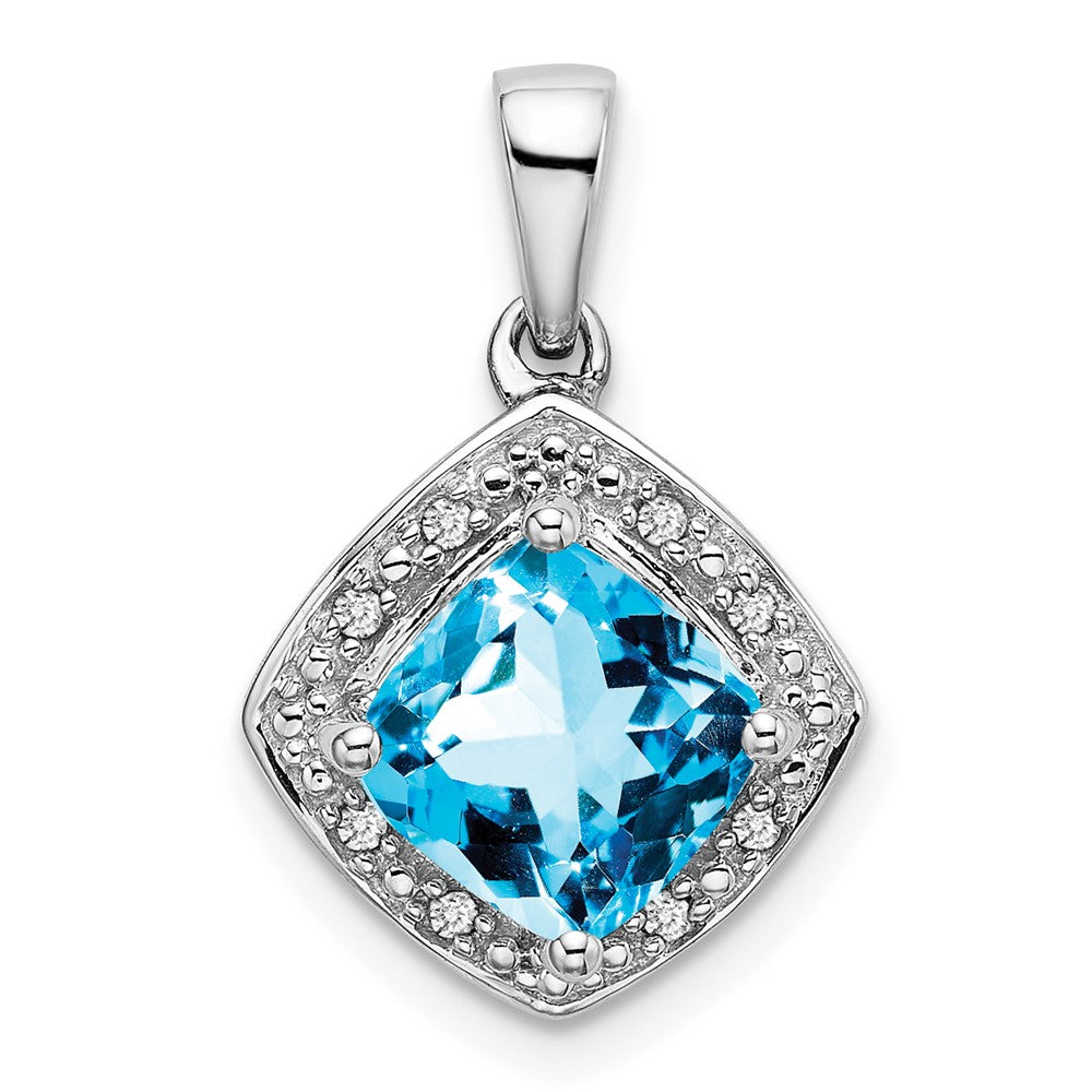 14k White Gold Cushion Blue Topaz and Diamond Pendant - 12