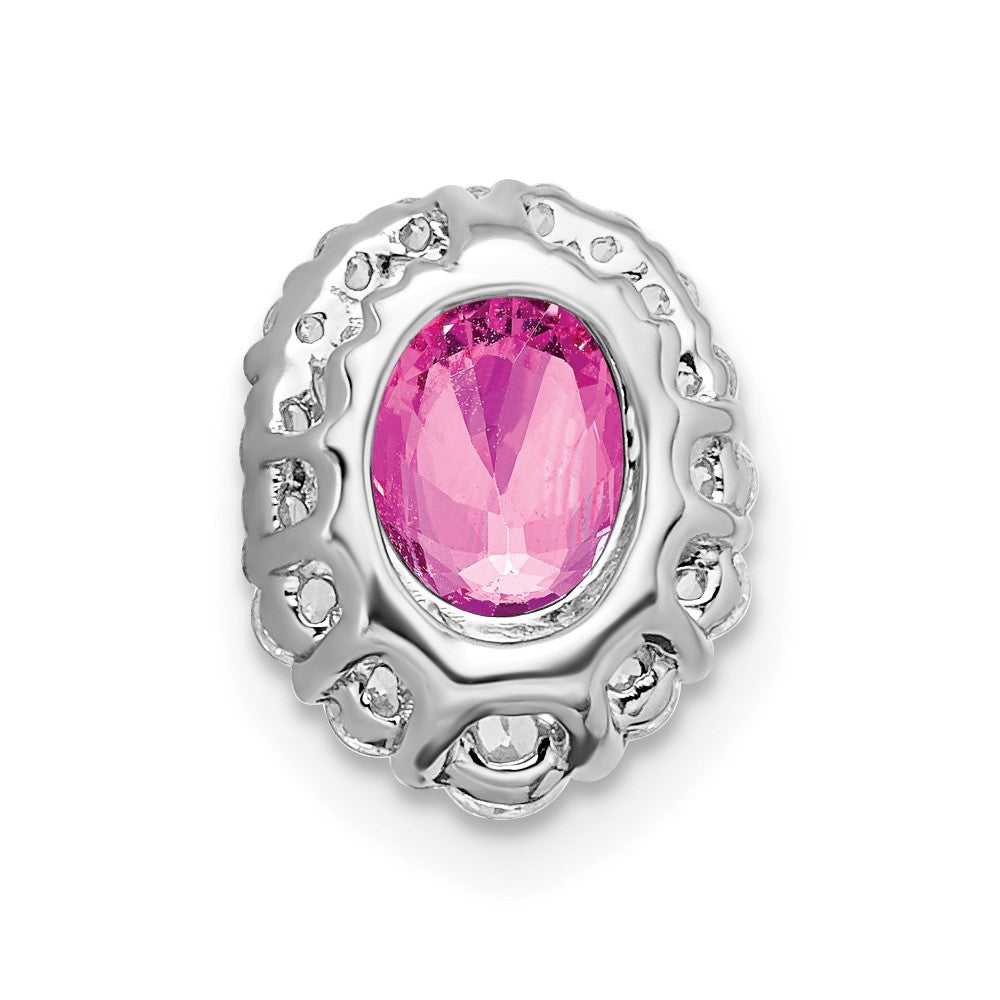 14k White Gold Oval Lab Created Pink Sapphire and Diamond Halo Chain Slide