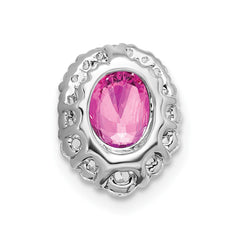 14k White Gold Oval Lab Created Pink Sapphire and Diamond Halo Chain Slide