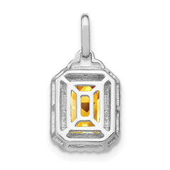 14k White Gold Emerald-cut Citrine and Diamond Halo Pendant