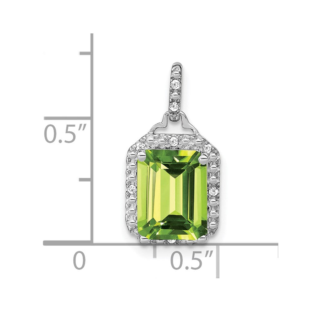 14k White Gold Emerald-cut Peridot and Diamond Halo Pendant