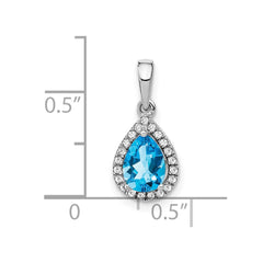 14k White Gold Pear Blue Topaz and Diamond Halo Pendant