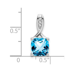 14k White Gold Cushion Blue Topaz and Diamond Pendant